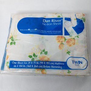 Vintage Dan River Twin Flat Sheet White Yellow Roses No Iron Fortrel 66x104 READ